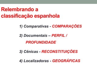 Relembrando a classificação espanhola 
1) Comparativas - COMPARAÇÕES 
2) Documentais – PERFIL / PROFUNDIDADE 
3) Cênicas - RECONSTITUIÇÕES 
4) Localizadoras - GEOGRÁFICAS 
 