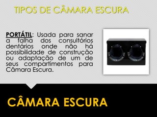 PORTÁTIL: Usada para sanar
a falha dos consultórios
dentários onde não há
possibilidade de construção
ou adaptação de um de
seus compartimentos para
Câmara Escura.
TIPOS DE CÂMARA ESCURA
CÂMARA ESCURA
 