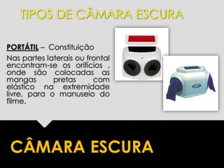 PORTÁTIL – Constituição
Nas partes laterais ou frontal
encontram-se os orifícios ,
onde são colocadas as
mangas pretas com
elástico na extremidade
livre, para o manuseio do
filme.
CÂMARA ESCURA
TIPOS DE CÂMARA ESCURA
 