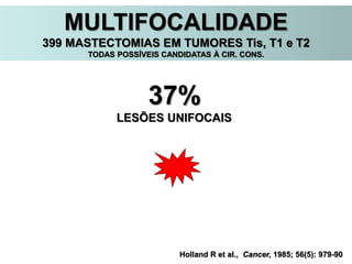 Holland R et al., Cancer, 1985; 56(5): 979-90
37%
LESÕES UNIFOCAIS
MULTIFOCALIDADE
399 MASTECTOMIAS EM TUMORES Tis, T1 e T2
TODAS POSSÍVEIS CANDIDATAS À CIR. CONS.
 