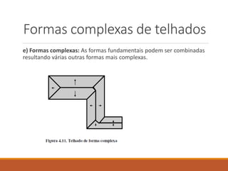 Formas complexas de telhados
e) Formas complexas: As formas fundamentais podem ser combinadas
resultando várias outras formas mais complexas.
 