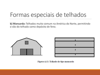 Formas especiais de telhados
b) Mansarda: Telhados muito comum na América do Norte, permitindo
o vão do telhado como depósito de feno.
 