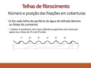 Númeroe posição das fixações em coberturas
A) Em cada telha de periferia da água do telhado (beirais
ou faixas da cumeeira)
 Colocar 2 parafusos com rosca soberba ou ganchos com rosca por
apoio nas cristas da 2ª e da 5ª onda.
Telhas de fibrocimento
 
