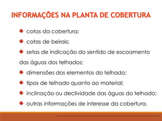 INFORMAÇÕES NA PLANTA DE COBERTURA
cotas da cobertura;
cotas de beirais;
setas de indicação do sentido de escoamento
das águas dos telhados;
dimensões dos elementos do telhado;
tipos de telhado quanto ao material;
inclinação ou declividade das águas do telhado;
outras informações de interesse da cobertura.
 