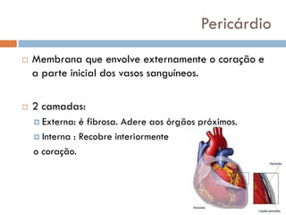 Pericárdio
 Membrana que envolve externamente o coração e
a parte inicial dos vasos sanguíneos.
 2 camadas:
 Externa: é fibrosa. Adere aos órgãos próximos.
 Interna : Recobre interiormente
o coração.
 