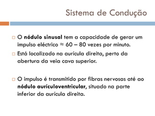 Sistema de Condução
 O nódulo sinusal tem a capacidade de gerar um
impulso eléctrico ≈ 60 – 80 vezes por minuto.
 Está localizado na aurícula direita, perto da
abertura da veia cava superior.
 O impulso é transmitido por fibras nervosas até ao
nódulo aurículoventricular, situado na parte
inferior da aurícula direita.
 