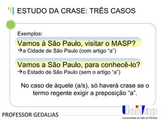 Tankertanker Design
Tankertanker Design
Tankertanker Design
Exemplos:
Vamos à São Paulo, visitar o MASP?
a Cidade de São Paulo (com artigo “a”)
Vamos a São Paulo, para conhecê-lo?
o Estado de São Paulo (sem o artigo “a”)
No caso de àquele (a/s), só haverá crase se o
termo regente exigir a preposição “a”.
PROFESSOR GEDALIAS
ESTUDO DA CRASE: TRÊS CASOS
 
