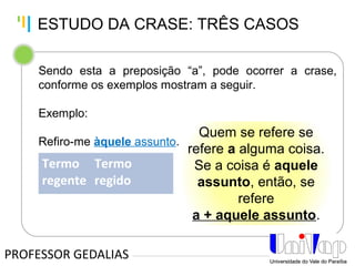 Tankertanker Design
Tankertanker Design
Tankertanker Design
Sendo esta a preposição “a”, pode ocorrer a crase,
conforme os exemplos mostram a seguir.
Exemplo:
Refiro-me àquele assunto.
PROFESSOR GEDALIAS
ESTUDO DA CRASE: TRÊS CASOS
Termo
regente
Termo
regido
Quem se refere se
refere a alguma coisa.
Se a coisa é aquele
assunto, então, se
refere
a + aquele assunto.
 