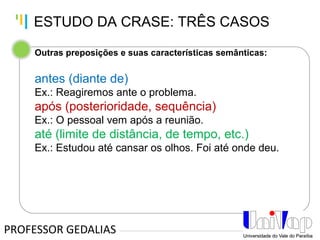 Tankertanker Design
Tankertanker Design
Tankertanker Design
Outras preposições e suas características semânticas:
antes (diante de)
Ex.: Reagiremos ante o problema.
após (posterioridade, sequência)
Ex.: O pessoal vem após a reunião.
até (limite de distância, de tempo, etc.)
Ex.: Estudou até cansar os olhos. Foi até onde deu.
PROFESSOR GEDALIAS
ESTUDO DA CRASE: TRÊS CASOS
 