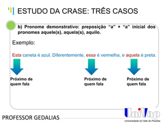 Tankertanker Design
Tankertanker Design
Tankertanker Design
b) Pronome demonstrativo: preposição “a” + “a” inicial dos
pronomes aquele(s), aquela(s), aquilo.
PROFESSOR GEDALIAS
ESTUDO DA CRASE: TRÊS CASOS
Exemplo:
Esta caneta é azul. Diferentemente, essa é vermelha, e aquela é preta.
Próximo de
quem fala
Próximo de
quem fala
Próximo de
quem fala
 