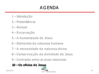 A G ENDA
1 – Introdução
2 – Preexistência
3 – Kenosis
4 – Encarnação
5 – A humanidade de Jesus
6 – Elementos da natureza humana
7 – A necessidade da natureza divina
8 – Comprova ç ão da divindade de Jesus
9 – Contraste entre as duas naturezas
1
0 –Os oficios de Jesus
18/6/2013 69
 