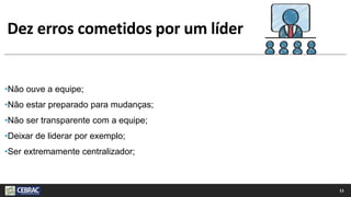 Dez erros cometidos por um líder
•Não ouve a equipe;
•Não estar preparado para mudanças;
•Não ser transparente com a equipe;
•Deixar de liderar por exemplo;
•Ser extremamente centralizador;
11
 