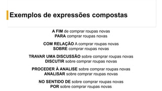 Exemplos de expressões compostas
A FIM de comprar roupas novas
PARA comprar roupas novas
COM RELAÇÃO A comprar roupas novas
SOBRE comprar roupas novas
TRAVAR UMA DISCUSSÃO sobre comprar roupas novas
DISCUTIR sobre comprar roupas novas
PROCEDER À ANALISE sobre comprar roupas novas
ANALISAR sobre comprar roupas novas
NO SENTIDO DE sobre comprar roupas novas
POR sobre comprar roupas novas
 