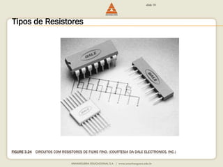 slide 18 
Tipos de Resistores 
FIGURE 3.24 CIRCUITOS COM RESISTORES DE FILME FINO. (COURTESIA DA DALE ELECTRONICS, INC.) 
 