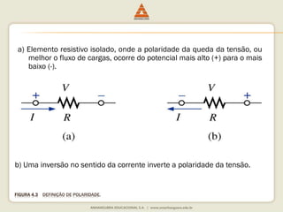 a) Elemento resistivo isolado, onde a polaridade da queda da tensão, ou 
melhor o fluxo de cargas, ocorre do potencial mais alto (+) para o mais 
baixo (-). 
b) Uma inversão no sentido da corrente inverte a polaridade da tensão. 
FIGURA 4.3 DEFINIÇÃO DE POLARIDADE. 
 