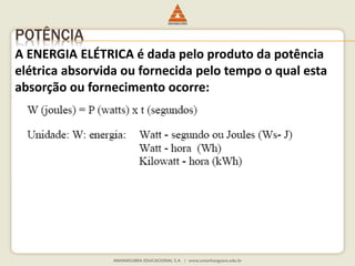 POTÊNCIA 
A ENERGIA ELÉTRICA é dada pelo produto da potência 
elétrica absorvida ou fornecida pelo tempo o qual esta 
absorção ou fornecimento ocorre: 
 