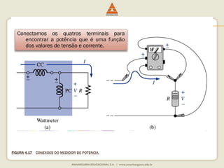 Conectamos os quatros terminais para 
encontrar a potência que é uma função 
dos valores de tensão e corrente. 
FIGURA 4.17 CONEXÕES DO MEDIDOR DE POTÊNCIA. 
 