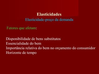 Elasticidades
Elasticidade-preço da demanda
Fatores que afetam:
Disponibilidade de bens substitutos
Essencialidade do bem
Importância relativa do bem no orçamento do consumidor
Horizonte de tempo
 