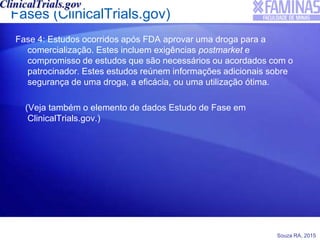 Souza RA, 2015
Fases (ClinicalTrials.gov)
Fase 4: Estudos ocorridos após FDA aprovar uma droga para a
comercialização. Estes incluem exigências postmarket e
compromisso de estudos que são necessários ou acordados com o
patrocinador. Estes estudos reúnem informações adicionais sobre
segurança de uma droga, a eficácia, ou uma utilização ótima.
(Veja também o elemento de dados Estudo de Fase em
ClinicalTrials.gov.)
 