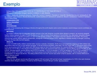 Souza RA, 2015
Exemplo
N Engl J Med. 2015 Jan 8;372(2):113-23. doi: 10.1056/NEJMoa1411037. Epub 2014 Nov 3.
Efficacy of a tetravalent dengue vaccine in children in Latin America.
Villar L1, Dayan GH, Arredondo-García JL, Rivera DM, Cunha R, Deseda C, Reynales H, Costa MS, Morales-Ramírez JO, Carrasquilla G, Rey
LC, Dietze R, Luz K, Rivas E, Miranda Montoya MC, Cortés Supelano M, Zambrano B, Langevin E, Boaz M, Tornieporth N, Saville M, Noriega F;
CYD15 Study Group.
Collaborators (133)
Author information
Abstract
BACKGROUND:
In light of the increasing rate of dengue infections throughout the world despite vector-control measures, several dengue vaccine candidates are
in development.
METHODS:
In a phase 3 efficacy trial of a tetravalent dengue vaccine in five Latin American countries where dengue is endemic, we randomly assigned
healthy children between the ages of 9 and 16 years in a 2:1 ratio to receive three injections of recombinant, live, attenuated, tetravalent dengue
vaccine (CYD-TDV) or placebo at months 0, 6, and 12 under blinded conditions. The children were then followed for 25 months. The primary
outcome was vaccine efficacy against symptomatic, virologically confirmed dengue (VCD), regardless of disease severity or serotype, occurring
more than 28 days after the third injection.
RESULTS:
A total of 20,869 healthy children received either vaccine or placebo. At baseline, 79.4% of an immunogenicity subgroup of 1944 children had
seropositive status for one or more dengue serotypes. In the per-protocol population, there were 176 VCD cases (with 11,793 person-years at risk)
in the vaccine group and 221 VCD cases (with 5809 person-years at risk) in the control group, for a vaccine efficacy of 60.8% (95% confidence
interval [CI], 52.0 to 68.0). In the intention-to-treat population (those who received at least one injection), vaccine efficacy was 64.7% (95% CI, 58.7
to 69.8). Serotype-specific vaccine efficacy was 50.3% for serotype 1, 42.3% for serotype 2, 74.0% for serotype 3, and 77.7% for serotype 4.
Among the severe VCD cases, 1 of 12 was in the vaccine group, for an intention-to-treat vaccine efficacy of 95.5%. Vaccine efficacy against
hospitalization for dengue was 80.3%. The safety profile for the CYD-TDV vaccine was similar to that for placebo, with no marked difference in
rates of adverse events.
CONCLUSIONS:
The CYD-TDV dengue vaccine was efficacious against VCD and severe VCD and led to fewer hospitalizations for VCD in five Latin American
countries where dengue is endemic. (Funded by Sanofi Pasteur; ClinicalTrials.gov number, NCT01374516.).
 