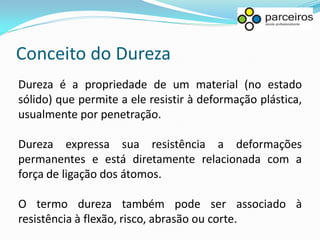 Conceito do Dureza
Dureza é a propriedade de um material (no estado
sólido) que permite a ele resistir à deformação plástica,
usualmente por penetração.

Dureza expressa sua resistência a deformações
permanentes e está diretamente relacionada com a
força de ligação dos átomos.

O termo dureza também pode ser associado à
resistência à flexão, risco, abrasão ou corte.
 