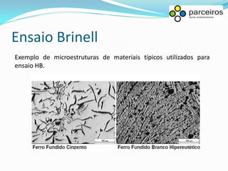 Ensaio Brinell
Exemplo de microestruturas de materiais típicos utilizados para
ensaio HB.
 