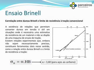 Ensaio Brinell
Correlação entre dureza Brinell e limite de resistência à tração convencional

A existência de relações que permitam
converter dureza em tensão é útil em
situações onde é necessária uma estimativa
da resistência de um material e não se dispõe
de uma maquina de ensaio de tração.
Existem relações experimentais que, embora
não     sejam     necessariamente    precisas,
constituem ferramentas úteis nesse sentido,
como a relação entre dureza Brinell e o limite
de resistência a tração:



                                      α = 3,60 (para aços ao carbono)
 