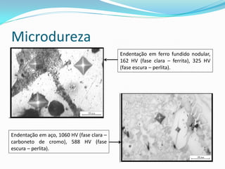 Microdureza
                                           Endentação em ferro fundido nodular,
                                           162 HV (fase clara – ferrita), 325 HV
                                           (fase escura – perlita).




Endentação em aço, 1060 HV (fase clara –
carboneto de cromo), 588 HV (fase
escura – perlita).
 