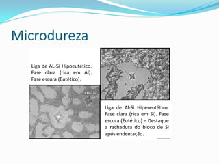 Microdureza
  Liga de AL-Si Hipoeutético.
  Fase clara (rica em Al).
  Fase escura (Eutético).




                                Liga de Al-Si Hipereutético.
                                Fase clara (rica em Si). Fase
                                escura (Eutético) – Destaque
                                a rachadura do bloco de Si
                                após endentação.
 