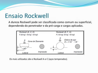 Ensaio Rockwell
 A dureza Rockwell pode ser classificada como comum ou superficial,
 dependendo do penetrador e da pré-carga e cargas aplicadas.




 Os mais utilizados são o Rockwell A e C (aços temperados).
 