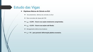 Estudo das Vigas
 Hipóteses Básicas de Cálculo no ELU
 Encurtamentos últimos do concreto no ELU:
 Para concretos de classe até C50:
 ec2 = 0,20% - Ocorre nas seções totalmente comprimidas;
 ecu = 0,35% - Ocorre nas seções sob flexão;
 Alongamento último da armadura:
 es = 1% - para prevenir deformação plástica excessiva.
 