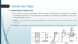 Estudo das Vigas
 Hipóteses Básicas de Cálculo no ELU
 Para concretos até a classe C50 a distribuição de tensão no concreto se faz de acordo com um diagrama curvo e retangular,
esse diagrama, segundo item 17.2.2 da norma, pode ser substituído por um retângulo de profundidade y = 0,8.X, onde a
distribuição de tensão é uniforme.
 0,85.fcd no caso da largura da seção, medida paralelamente à linha neutra, não diminuir a partir desta para a borda
comprimida;
 0,80.fcd no caso da largura da seção, medida paralelamente à linha neutra, diminuir a partir desta para a borda comprimida;
 
