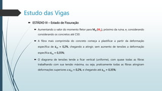  ESTÁDIO III – Estado de Fissuração
 Aumentando o valor do momento fletor para MIII (MU), próximo da ruina, e, considerando
considerando os concretos até C50:
 A fibra mais comprimida do concreto começa a plastificar a partir da deformação
específica de ec2 = 0,2%, chegando a atingir, sem aumento de tensões a deformação
específica ecu = 0,35%;
 O diagrama de tensões tende a ficar vertical (uniforme), com quase todas as fibras
trabalhando com sua tensão máxima, ou seja, praticamente todas as fibras atingiram
deformações superiores a ec2 = 0,2%, e chegando até ecu = 0,35%;
Estudo das Vigas
 