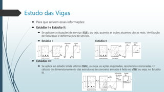  Para que servem essas informações:
 Estádio I e Estádio II:
 Se aplicam a situações de serviço (ELS), ou seja, quando as ações atuantes são as reais. Verificação
de fissuração e deformações de serviço.
 Estádio I Estádio II
 Estádio III:
 Se aplica ao estado limite último (ELU), ou seja, as ações majoradas, resistências minoradas. O
cálculo de dimensionamento das estruturas de concreto armado é feito no ELU, ou seja, no Estádio
III.
Estudo das Vigas
 