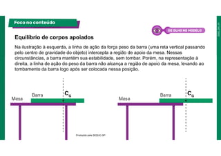 Na ilustração à esquerda, a linha de ação da força peso da barra (uma reta vertical passando
pelo centro de gravidade do objeto) intercepta a região de apoio da mesa. Nessas
circunstâncias, a barra mantém sua estabilidade, sem tombar. Porém, na representação à
direita, a linha de ação do peso da barra não alcança a região de apoio da mesa, levando ao
tombamento da barra logo após ser colocada nessa posição.
Equilíbrio de corpos apoiados
Foco no conteúdo
Produzido pela SEDUC-SP.
DE OLHO NO MODELO
 
