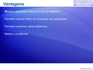Souza RA, 2015
Vantagens
Medem a exposição antes do início do desfecho;
Permitem estudar efeito de mudanças nas exposições;
Permitem examinar vários desfechos;
Medem a incidência;
 