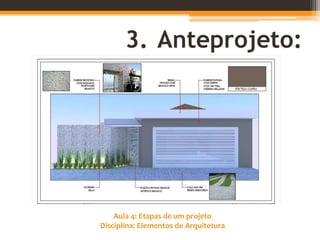 Aula 4: Etapas de um projeto
Disciplina: Elementos de Arquitetura
3. Anteprojeto:
 