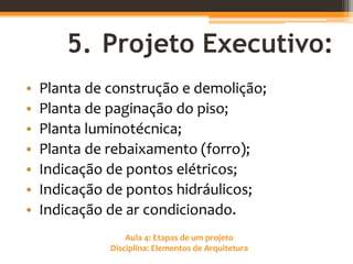 Aula 4: Etapas de um projeto
Disciplina: Elementos de Arquitetura
5. Projeto Executivo:
• Planta de construção e demolição;
• Planta de paginação do piso;
• Planta luminotécnica;
• Planta de rebaixamento (forro);
• Indicação de pontos elétricos;
• Indicação de pontos hidráulicos;
• Indicação de ar condicionado.
 