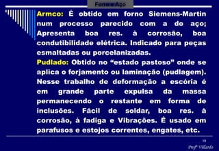 Profº Villardo
18
Armco: É obtido em forno Siemens-Martin
num processo parecido com a do aço;
Apresenta boa res. à corrosão, boa
condutibilidade elétrica. Indicado para peças
esmaltadas ou porcelanizadas.
Pudlado: Obtido no “estado pastoso” onde se
aplica o forjamento ou laminação (pudlagem).
Nesse trabalho de deformação a escória é
em grande parte expulsa da massa
permanecendo o restante em forma de
inclusões. Fácil de soldar, boa res. à
corrosão, à fadiga e Vibrações. É usado em
parafusos e estojos correntes, engates, etc.
Ferro e Aço
 