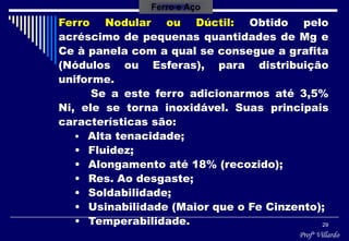Profº Villardo
29
Ferro Nodular ou Dúctil: Obtido pelo
acréscimo de pequenas quantidades de Mg e
Ce à panela com a qual se consegue a grafita
(Nódulos ou Esferas), para distribuição
uniforme.
Se a este ferro adicionarmos até 3,5%
Ni, ele se torna inoxidável. Suas principais
características são:
• Alta tenacidade;
• Fluidez;
• Alongamento até 18% (recozido);
• Res. Ao desgaste;
• Soldabilidade;
• Usinabilidade (Maior que o Fe Cinzento);
• Temperabilidade.
Ferro e Aço
 