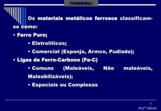 Profº Villardo
3
Ferro e Aço
Os materiais metálicos ferrosos classificam-
se como:
• Ferro Puro;
• Eletrolíticos;
• Comercial (Esponja, Armco, Pudlado);
• Ligas de Ferro-Carbono (Fe-C)
• Comuns (Maleáveis, Não maleáveis,
Maleabilizáveis);
• Especiais ou Complexas
 