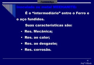 Profº Villardo
30
Inoculado ou metal MEEHANITE:
É o “intermediário” entre o Ferro e
o aço fundidos.
Suas características são:
• Res. Mecânica;
• Res. ao calor;
• Res. ao desgaste;
• Res. corrosão.
Ferro e Aço
 