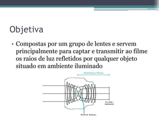 Objetiva
• Compostas por um grupo de lentes e servem
  principalmente para captar e transmitir ao filme
  os raios de luz refletidos por qualquer objeto
  situado em ambiente iluminado
 