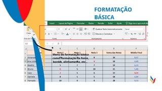 FORMATAÇÃO
BÁSICA
Menu de formatação básica
como: formatação da fonte,
bordas, alinhamento, etc...
 