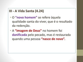 III - A Vida Santa (4.24)
• O “novo homem” se refere àquela
qualidade santa do viver, que é o resultado
da redenção.
• A “imagem de Deus” no homem foi
danificada pelo pecado, mas é restaurada
quando uma pessoa “nasce de novo”.
 
