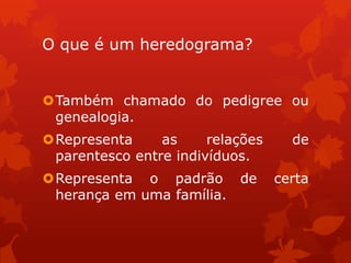 O que é um heredograma?


Também chamado do pedigree ou
 genealogia.
Representa     as     relações     de
 parentesco entre indivíduos.
Representa o padrão de           certa
 herança em uma família.
 