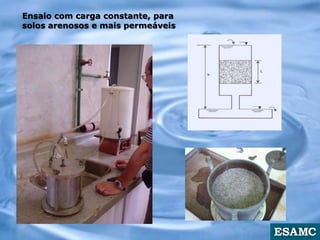 Ensaio com carga constante, para
solos arenosos e mais permeáveis
 