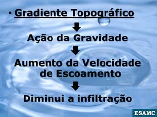 • Gradiente Topográfico
Ação da Gravidade
Aumento da Velocidade
de Escoamento
Diminui a infiltração
 