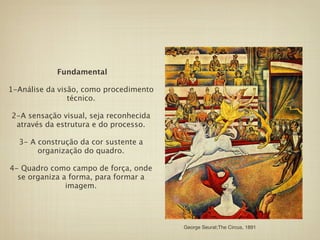 Fundamental

1-Análise da visão, como procedimento
                técnico.

2-A sensação visual, seja reconhecida
 através da estrutura e do processo.

  3- A construção da cor sustente a
       organização do quadro.

4- Quadro como campo de força, onde
  se organiza a forma, para formar a
               imagem.




                                        George Seurat;The Circus, 1891
 