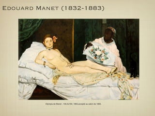 Edouard Manet (1832-1883)




          Olympia de Manet , 130,5x190, 1863,accepté au salon de 1865.
 